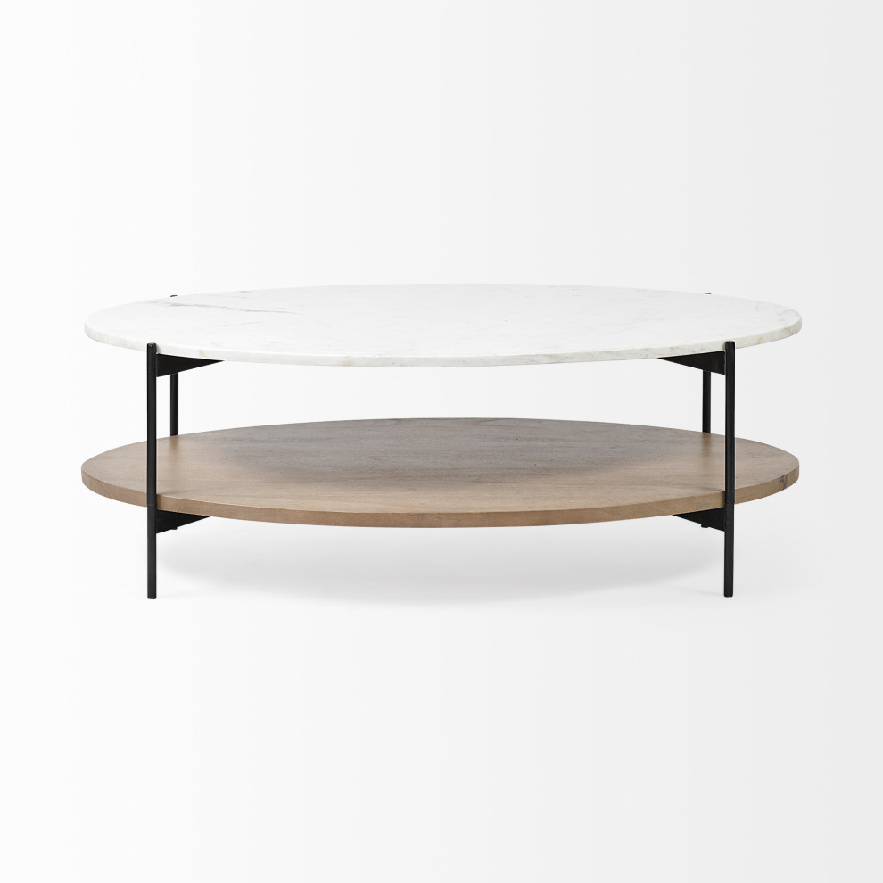 HomeRoots Oval White Marble Top and Black Metal Base Coffee Table W/ Wood Shelf   Transitional   Coffee Tables   by UStradeENT LLC  Houzz