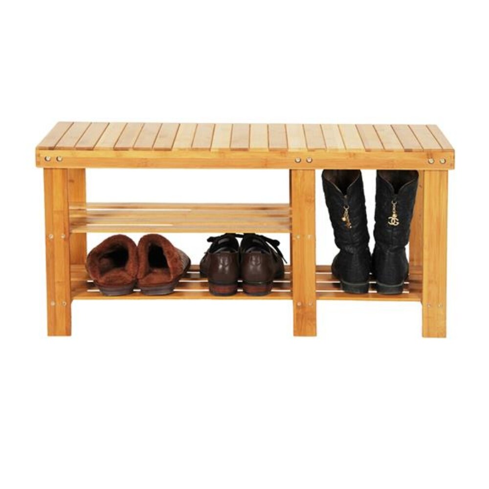 90cm Strip Pattern Tiers Bamboo Stool Shoe Rack with Boots Compartment Wood Color   35.43 x 11.02 x 17.72