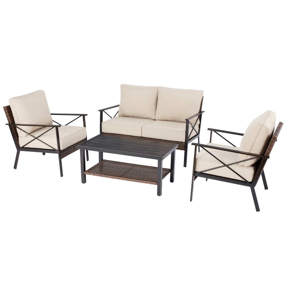 StyleWell Northport 4-Piece Wicker Outdoor Patio Deep Seating Set with Tan Cushions and Coffee Table 632