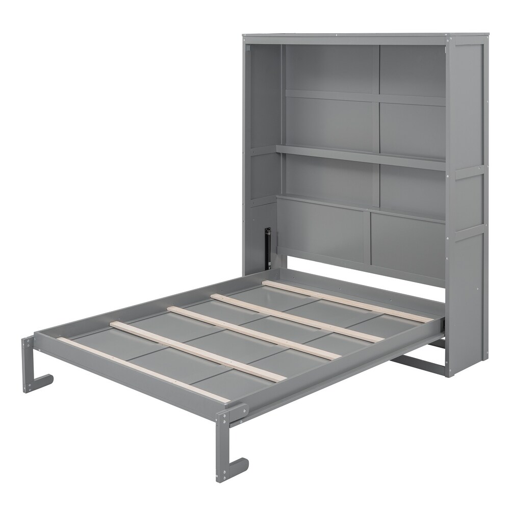 Apartment Murphy Bed Queen Size Cabinet Wall Bed with Shelves Dual Piston Metal Folding Mechanism Designed Murphy Bed  Grey