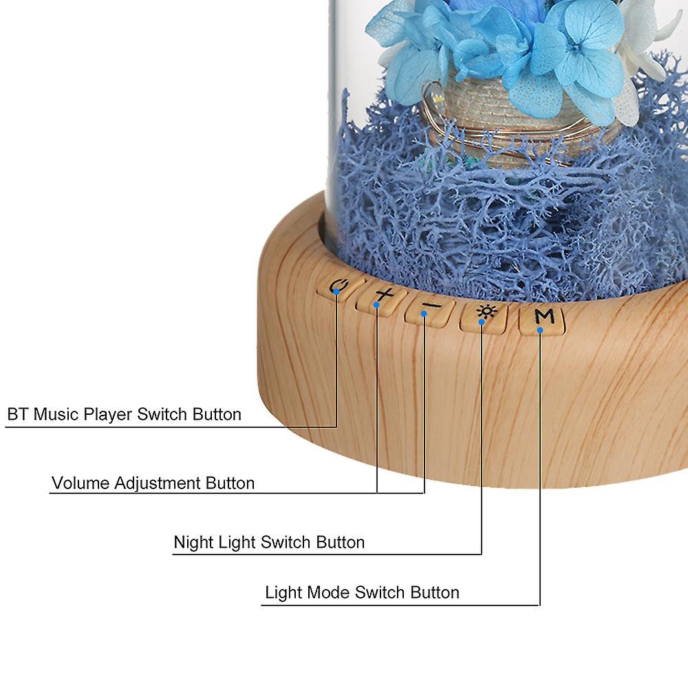 Blue Multifunctional Flower Lamp Rechargeable Bt Speaker Music Player Wishing Bottle Preserved Rose In Glass Dome Nightlight Forever Flower Desk Lamp