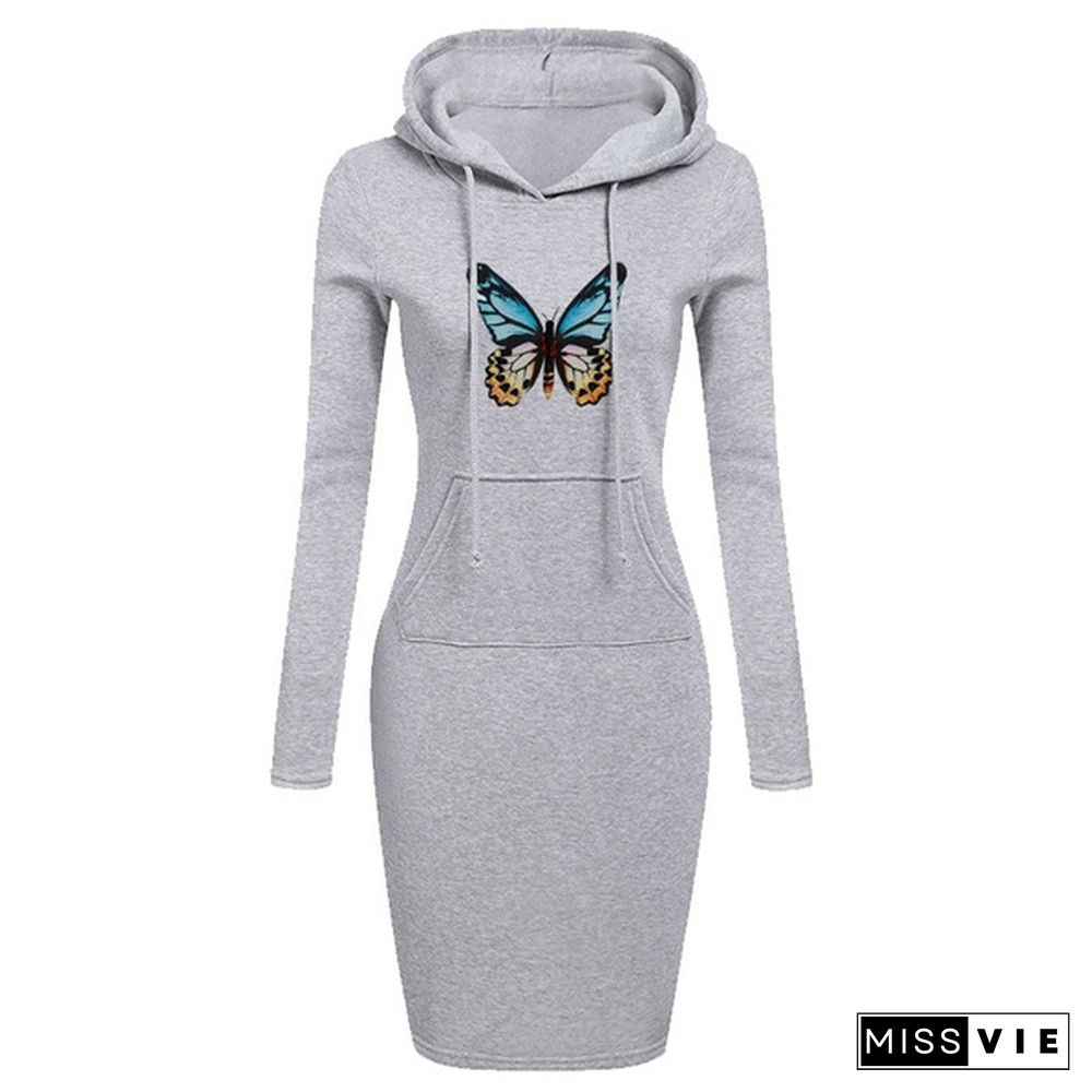 Butterfly Printed Women Hoodie Dress Autumn And Winter Fashion Long Sleeve Hoodie Casual Hooded Jumper Pockets Sweater Dress Pullover Dress