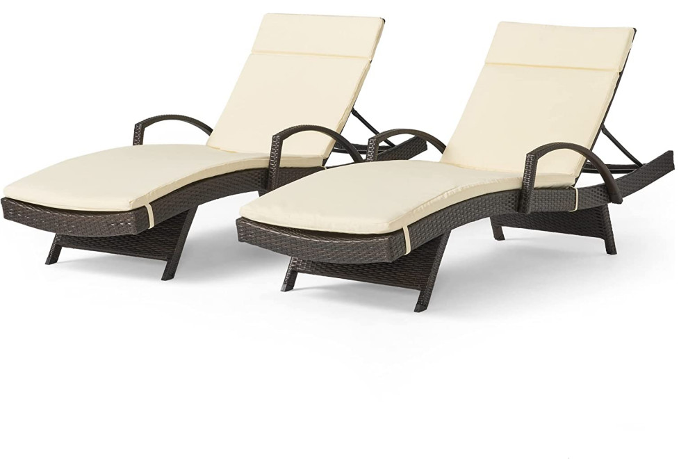 Set of 2 Patio Chaise Lounge  Ivory Cushioned Seat With Adjustable Back  Brown   Tropical   Outdoor Chaise Lounges   by Decor Love  Houzz