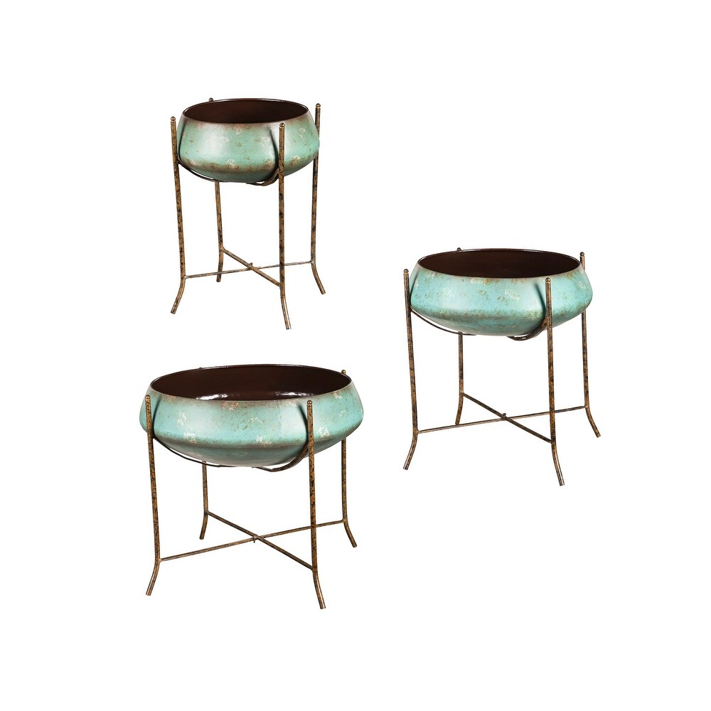 Oversize Verdigris Planter on Stand  Set of 3