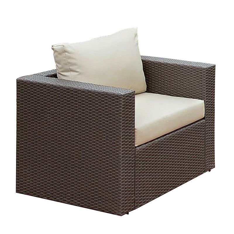 Faux Rattan Arm Chair with Seat and Back Cushions， Gray And Ivory