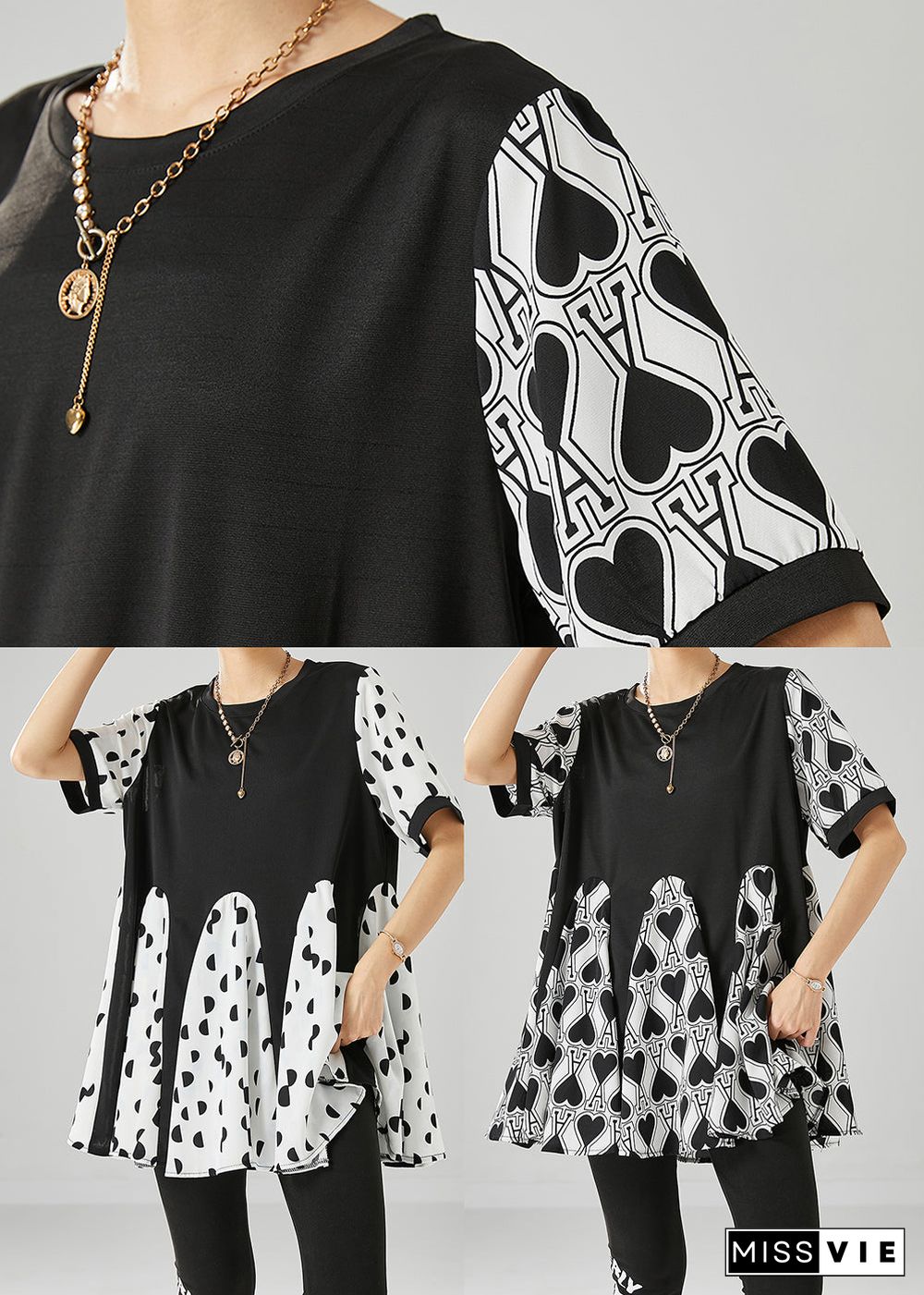 Fine Black Oversized Patchwork Love Print Chiffon Shirt Tops Summer