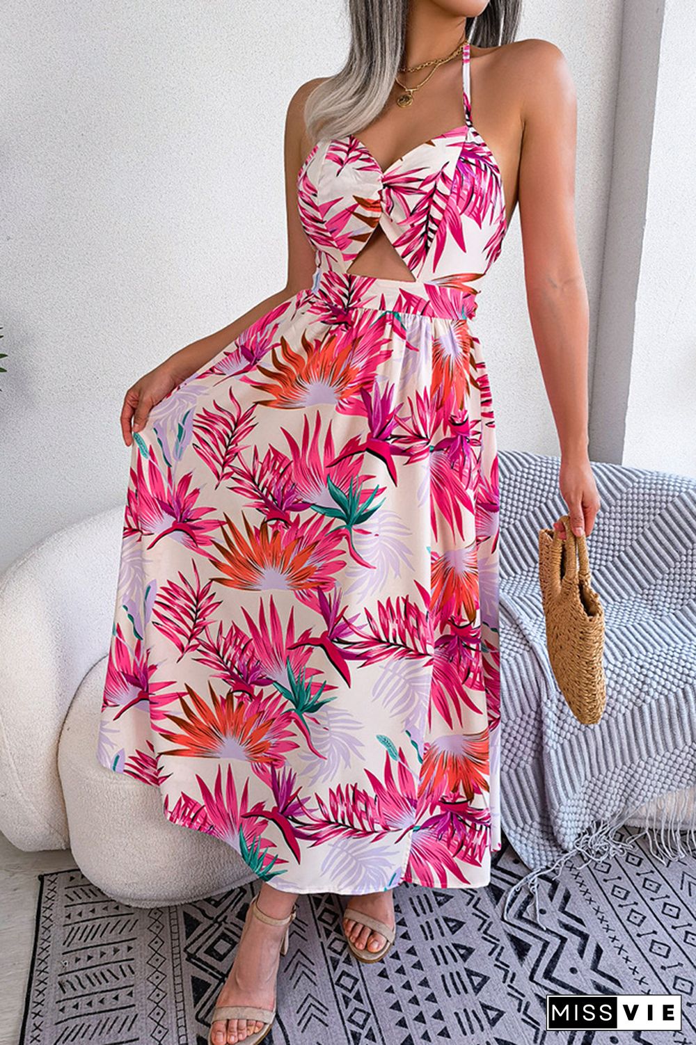 V Neck Hollow Out Backless Halter Floral Maxi Dress