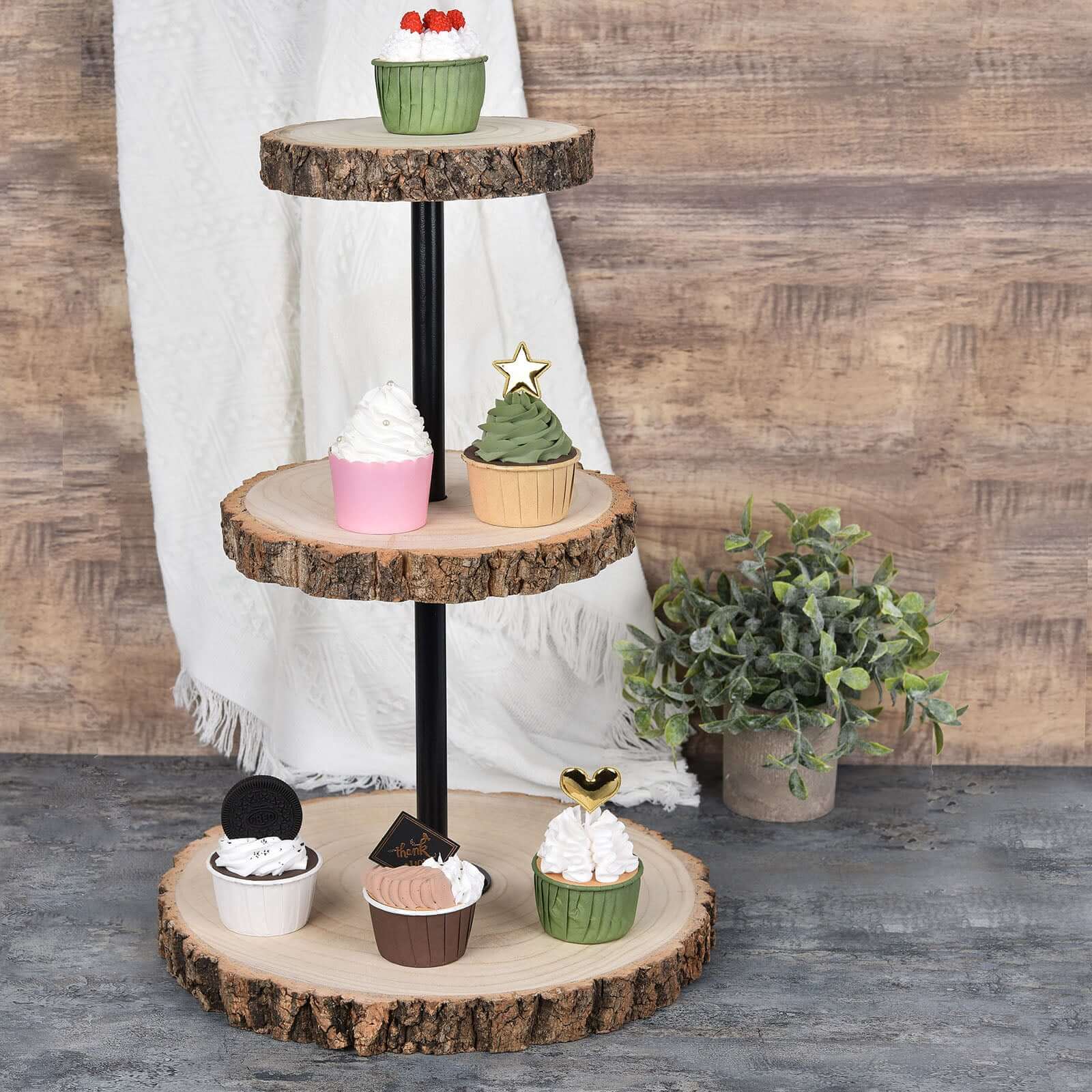 3-Tier Tower Natural Wood Slice Cheese Board Cupcake Stand, Rustic Centerpiece - Assembly Tools Included 19