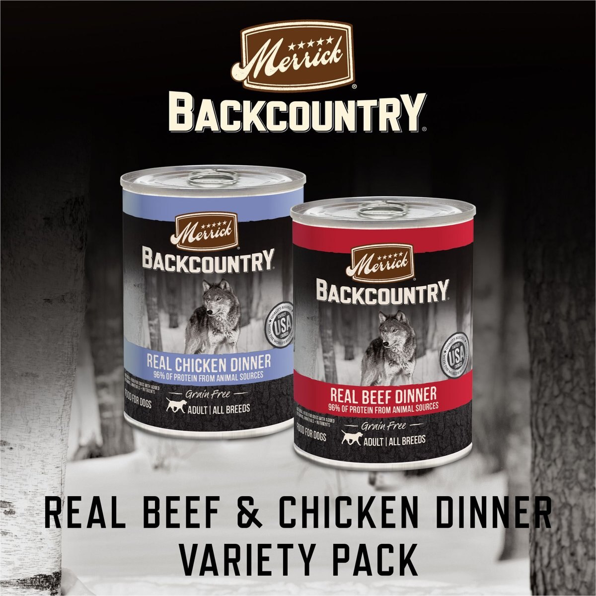 Merrick Backcountry Grain-Free Real Beef and Chicken Dinner Variety Pack Wet Dog Food， 12.7-oz can， case of 12