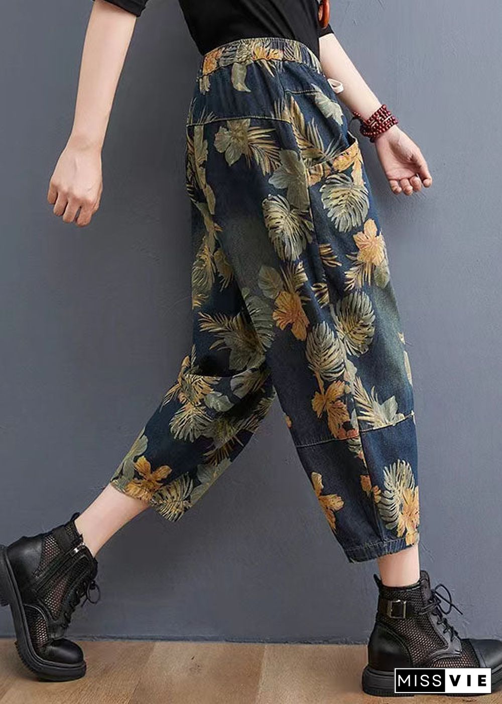 French Navy elastic waist drawstring pockets Print Denim Pants Spring