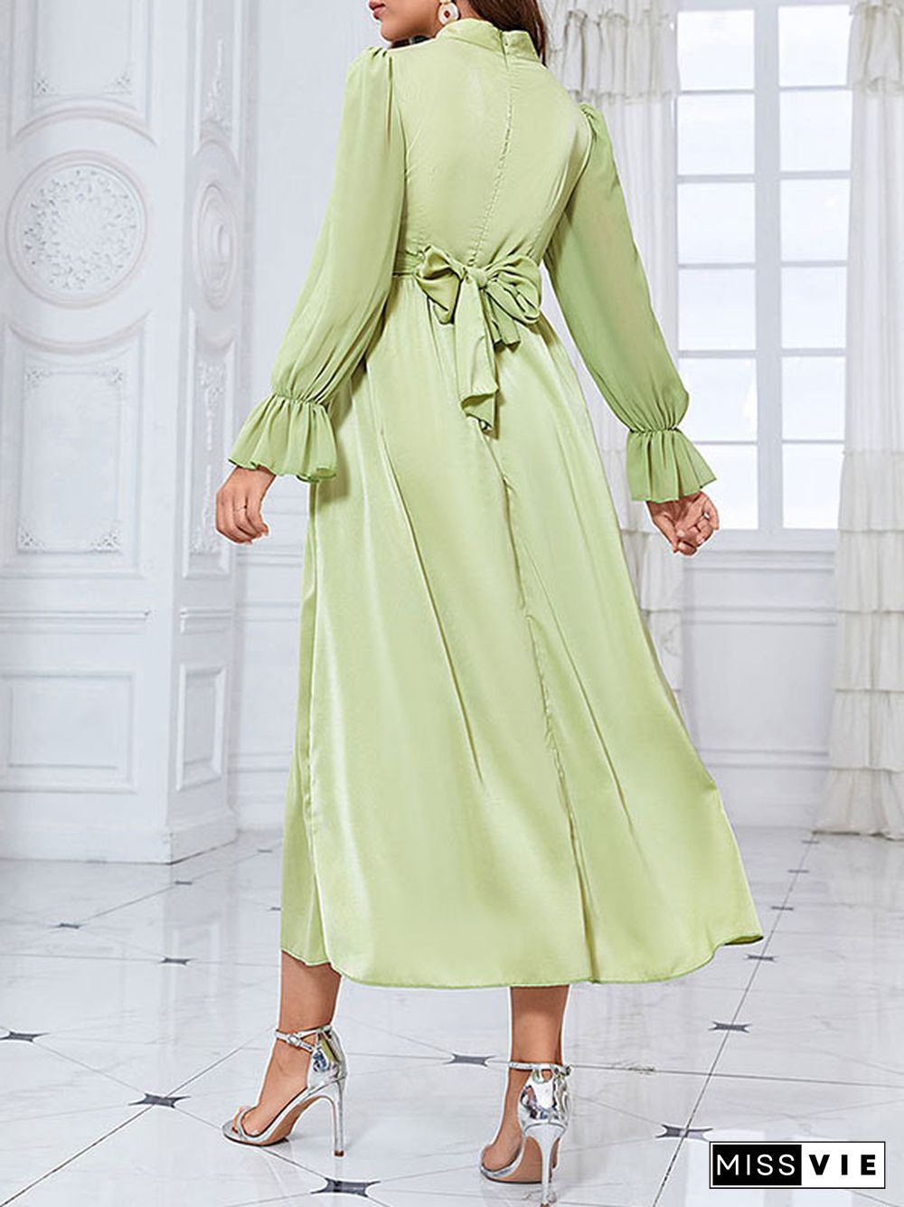 Flared Sleeves Wrap Belted Pleated Solid Color Stand Collar Midi Dresses