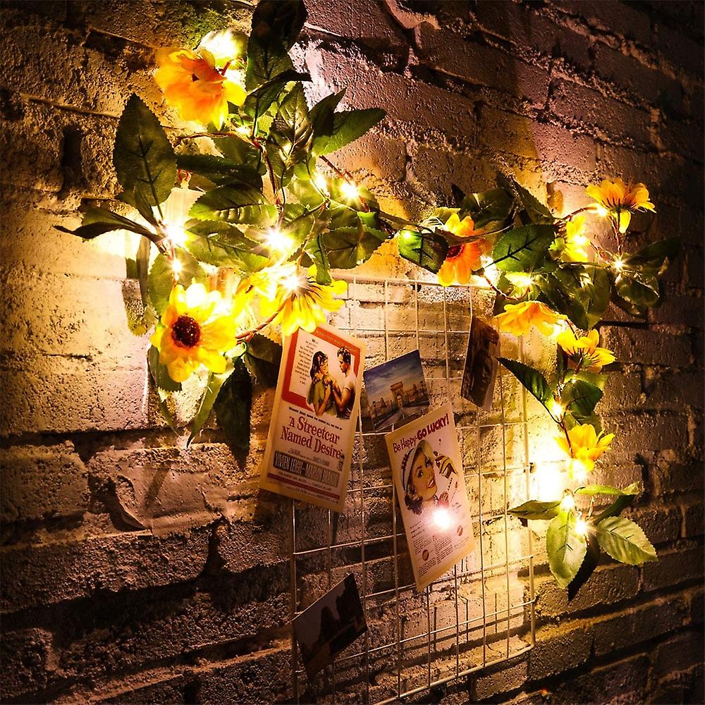 2m 20leds Sunflower Garland String Lights Artificial Green Leaf Vine Copper Fairy Light For Garden Wedding Party Xmas Decoration