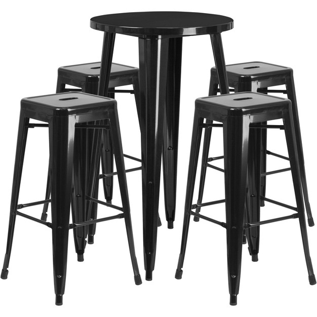 Round Metal Indoor outdoor Bar Table Set With 4 Square Seat Backless Stools