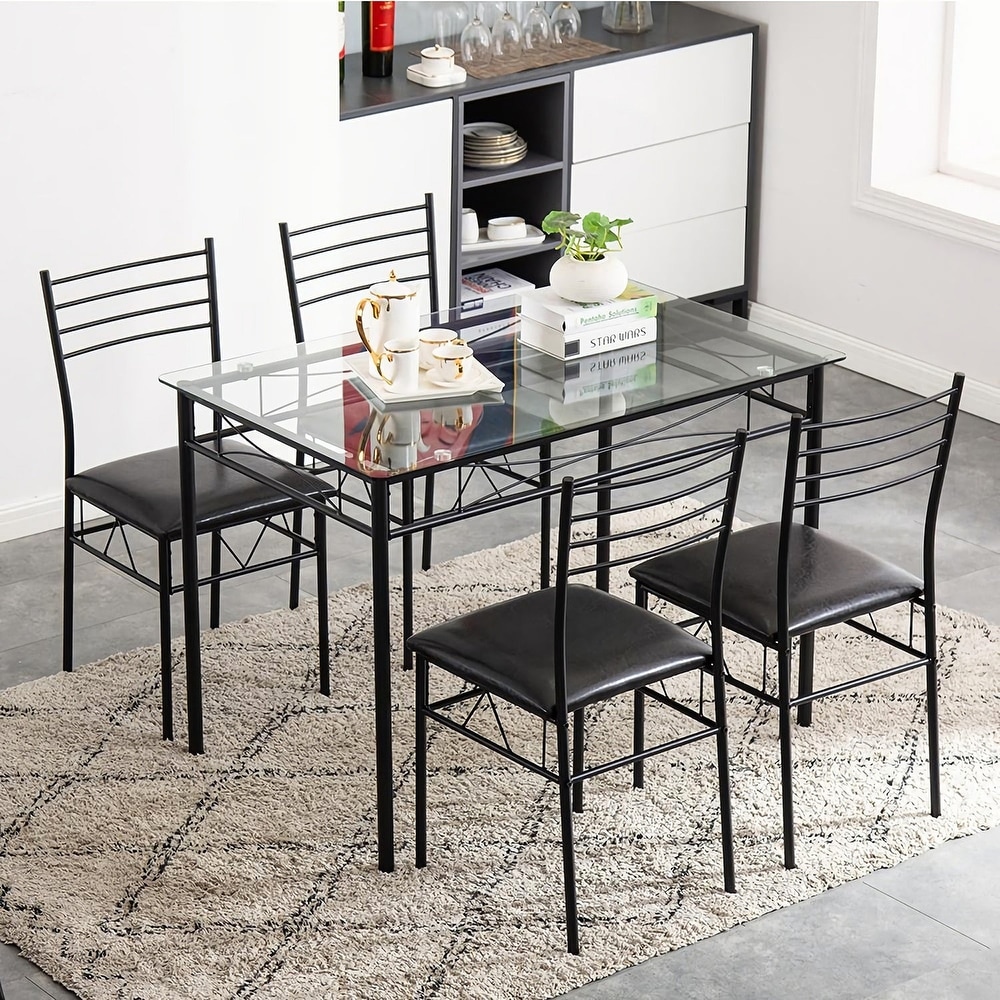 5 pieces Modern Dining Sets Tempered Glass Table Top and 4 PU Chairs