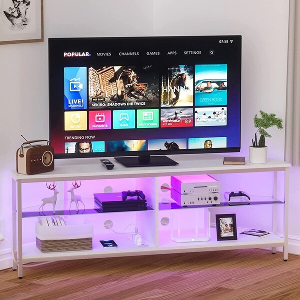 Corner TV Stand for 55 Inch TV， Corner TV Stand with LED Lights and Power Outlet， Corner Entertainment Center