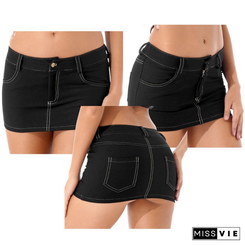 Women's Summer Low Waist Black Denim Skirt Denim Short Mini Jeans Skirt with Pockets