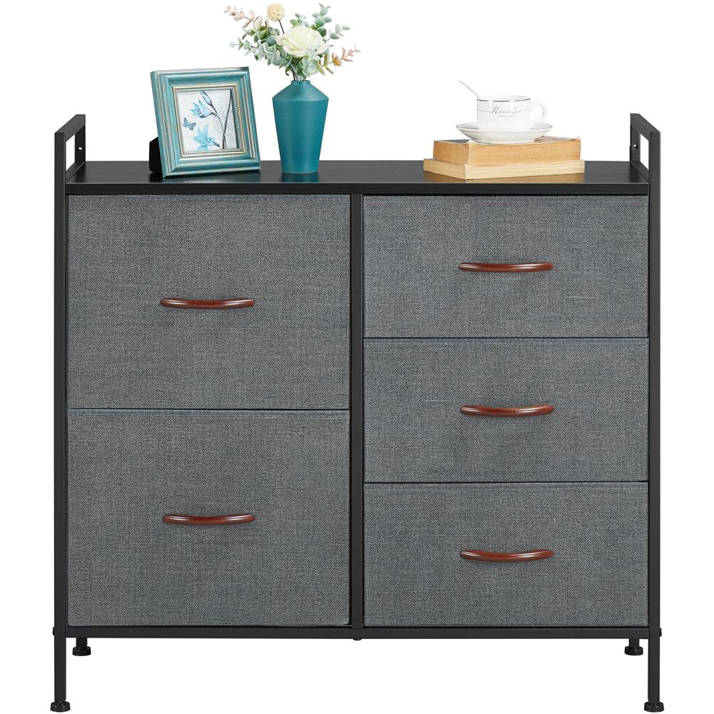 SmileMart 5-Drawer Tall Fabric Storage Dresser with Metal Frame and Wooden Top， Black/Dark Gray