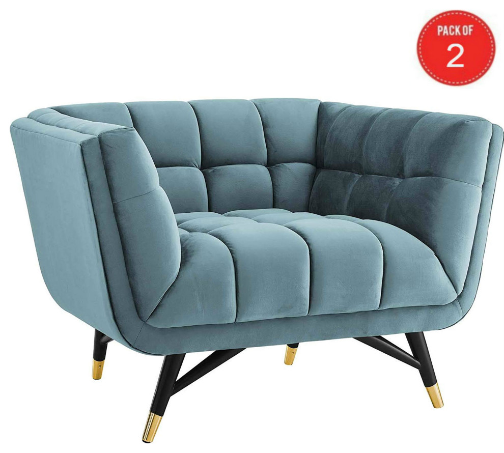 Velvet Fabric Tufted Sofa  Accent Bench  2 Lounge Chairs  Sea Blue   Midcentury   Living Room Furniture Sets   by VirVentures  Houzz