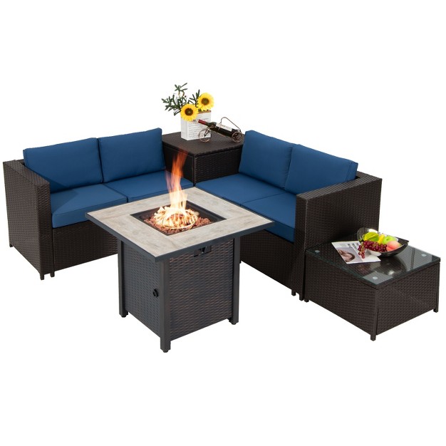 Tangkula 5 piece Patio Furniture Set With 30 Inches Gas Fire Pit Table Outdoor Pe Wicker Conversation Sectional Sofa Set With Cushions Red beige navy turquoise