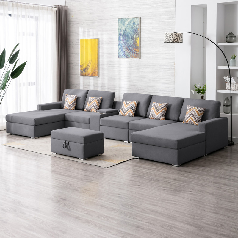 Nolan Linen 7 Piece Double Chaise Sectional Sofa Ottoman Console Table   Contemporary   Sectional Sofas   by Lilola Home  Houzz