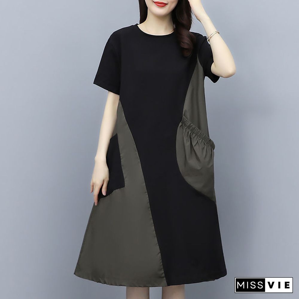 Contrast Stitching Dress In Long Large Size Loose Slim Belly Skirt