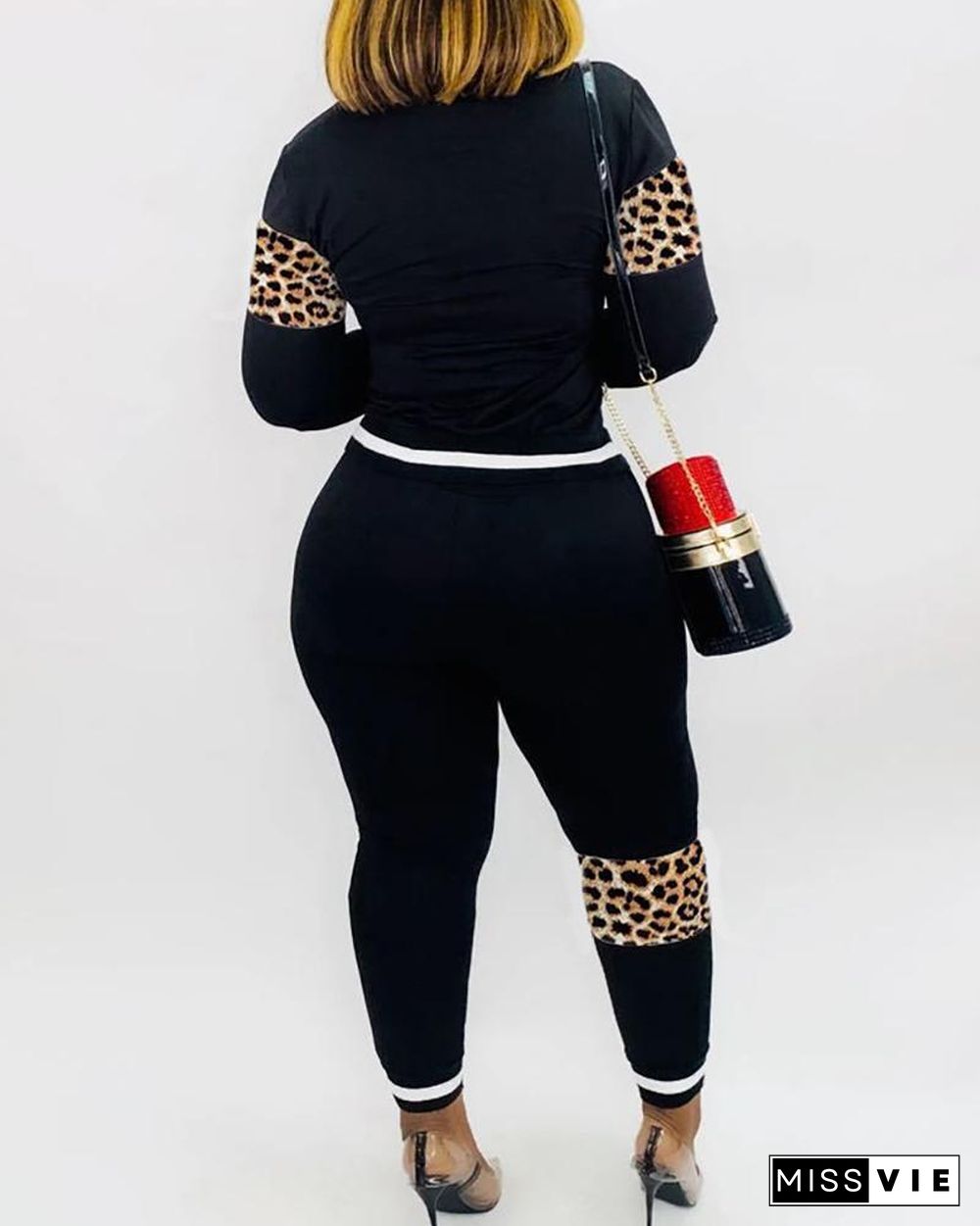 Solid Patchwork Leopard Long Sleeve Top & Pant Sets P15246