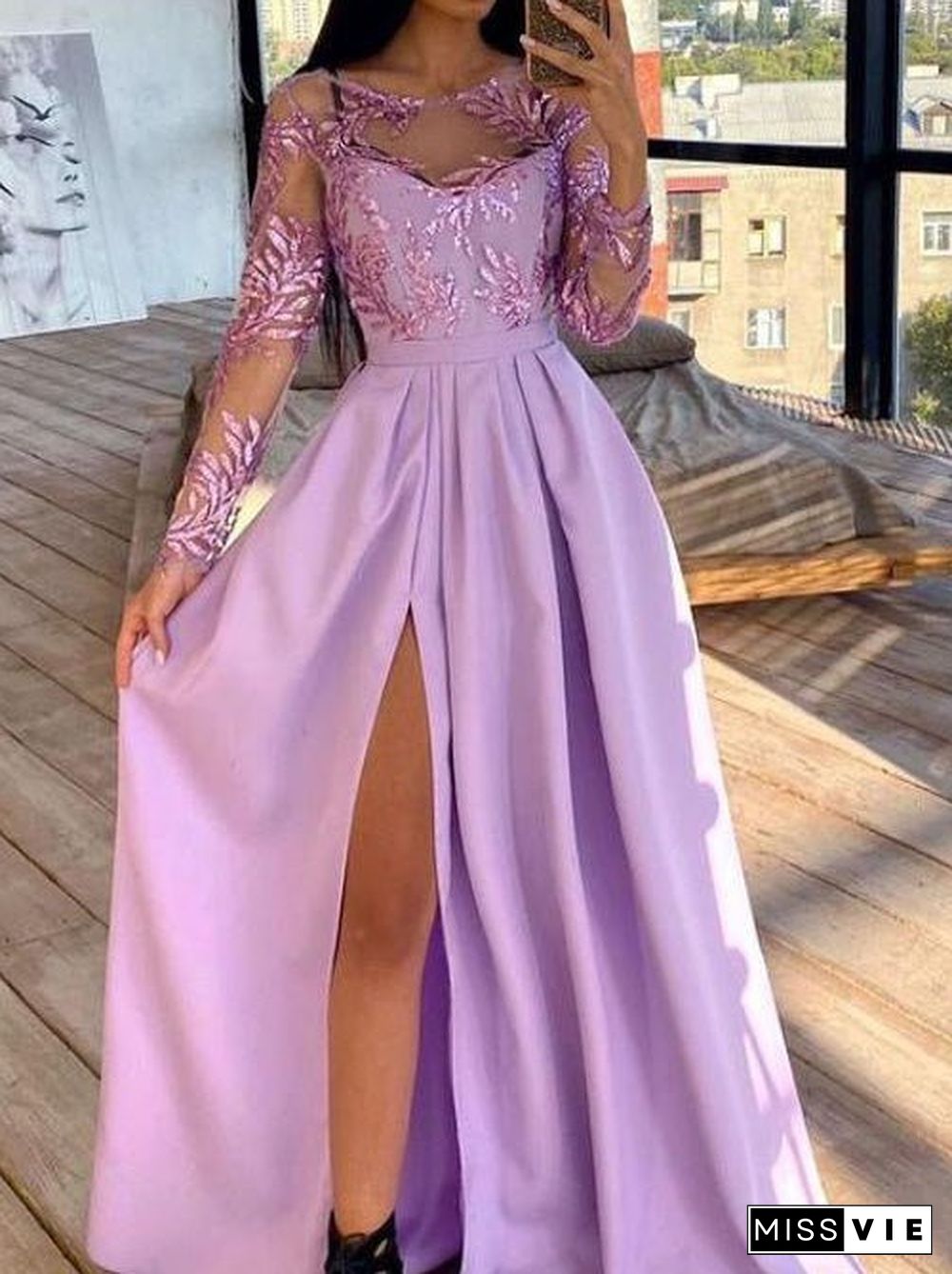 Women'S Dresses Bronzed Sequin Long Sleeve Slit Dress