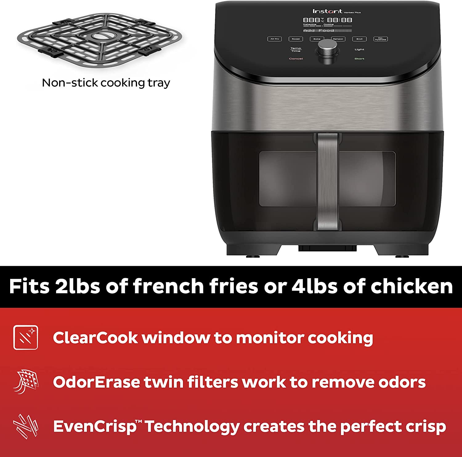 Instant Vortex Plus 6-Quart Air Fryer Oven， From the Makers of Instant Pot with Odor Erase Technology， ClearCook Cooking Window， App with over 100 Recipes， Single Basket， Stainless Steel