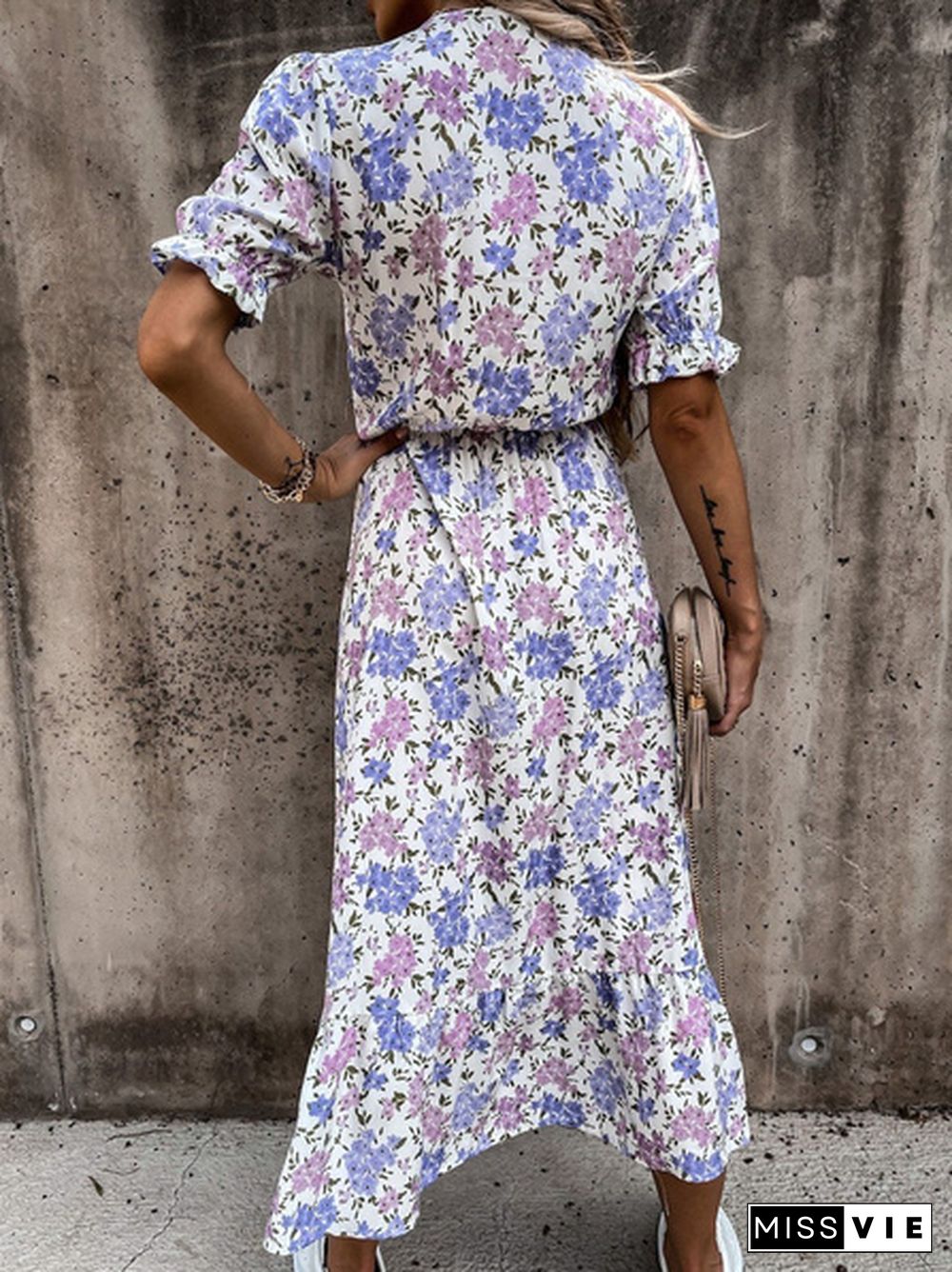 Women Summer Fashion V Neck Short Sleeve Print Long Dress Beach Boho Dress Split Ladies Dress