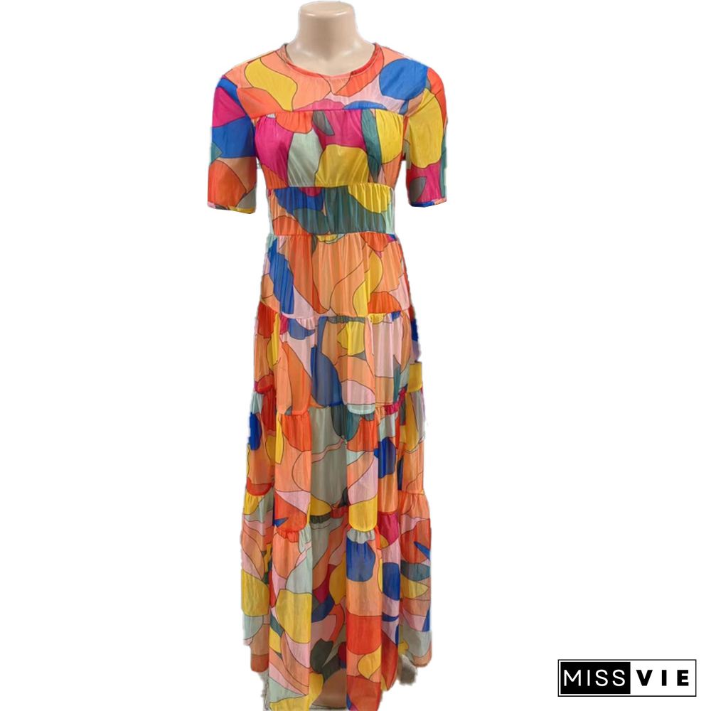 Mesh Print Short Sleeve Pleated Maxi Dresses