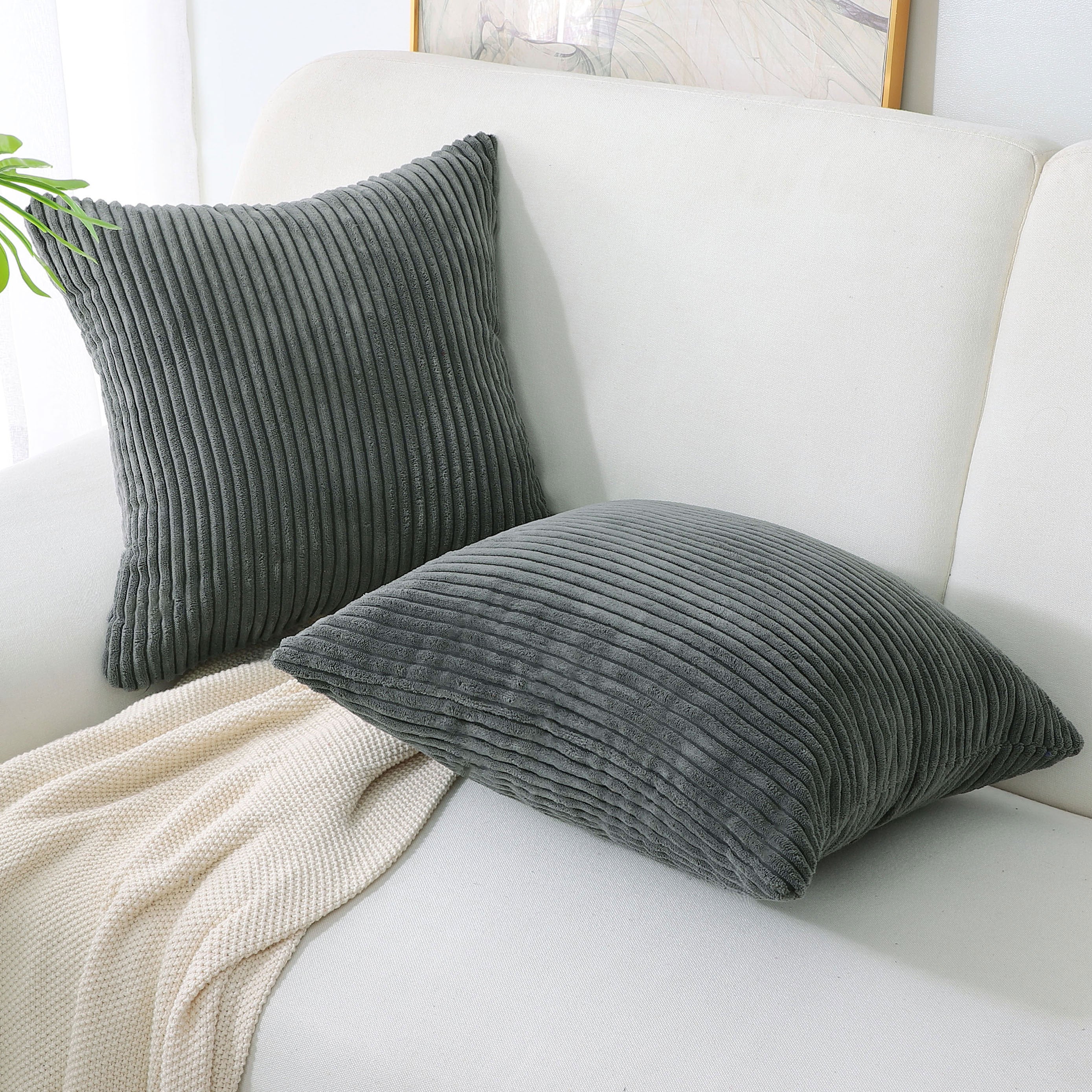 PiccoCasa 2Pcs Corduroy Cushion Covers Decorative Soft Throw Pillow Covers Dark Gray 18