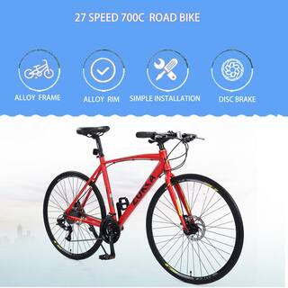 28 in. 27 Speed Aluminum Red Hybrid Bike Disc Brake 700C Road Bike For Men Women GM-LH-153