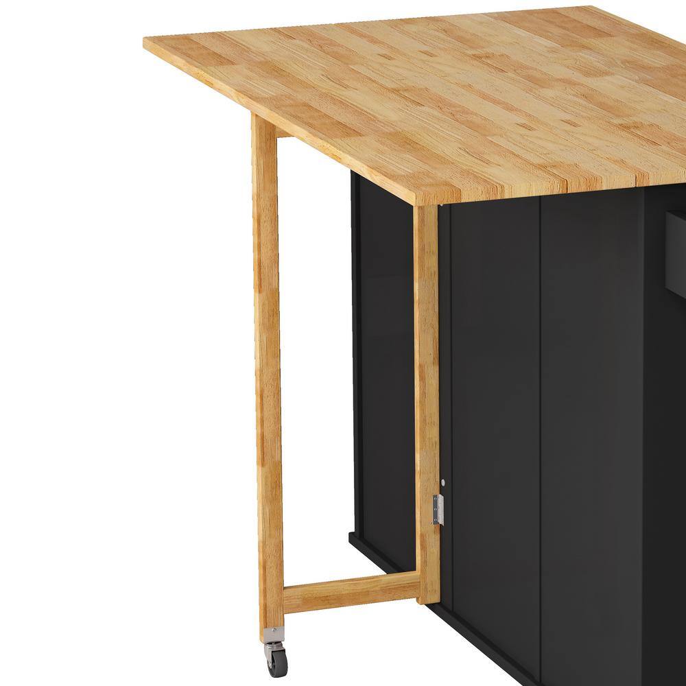 51.96 in. W Foldable Desktop Drop Leaf Black Kitchen Island Cart on Wheels with Spice Rack and Towel Rack wywymnjmnj-9