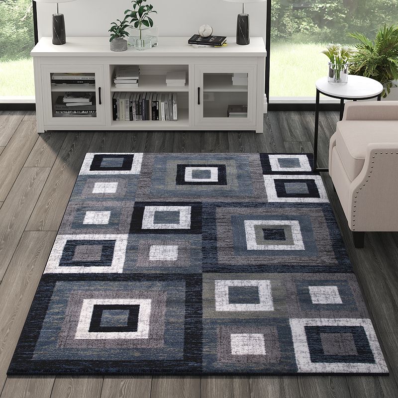 Masada Rugs Newton Collection Modern 5'x7' Accent Rug with Geometric Square Pattern in Blue， Gray and White