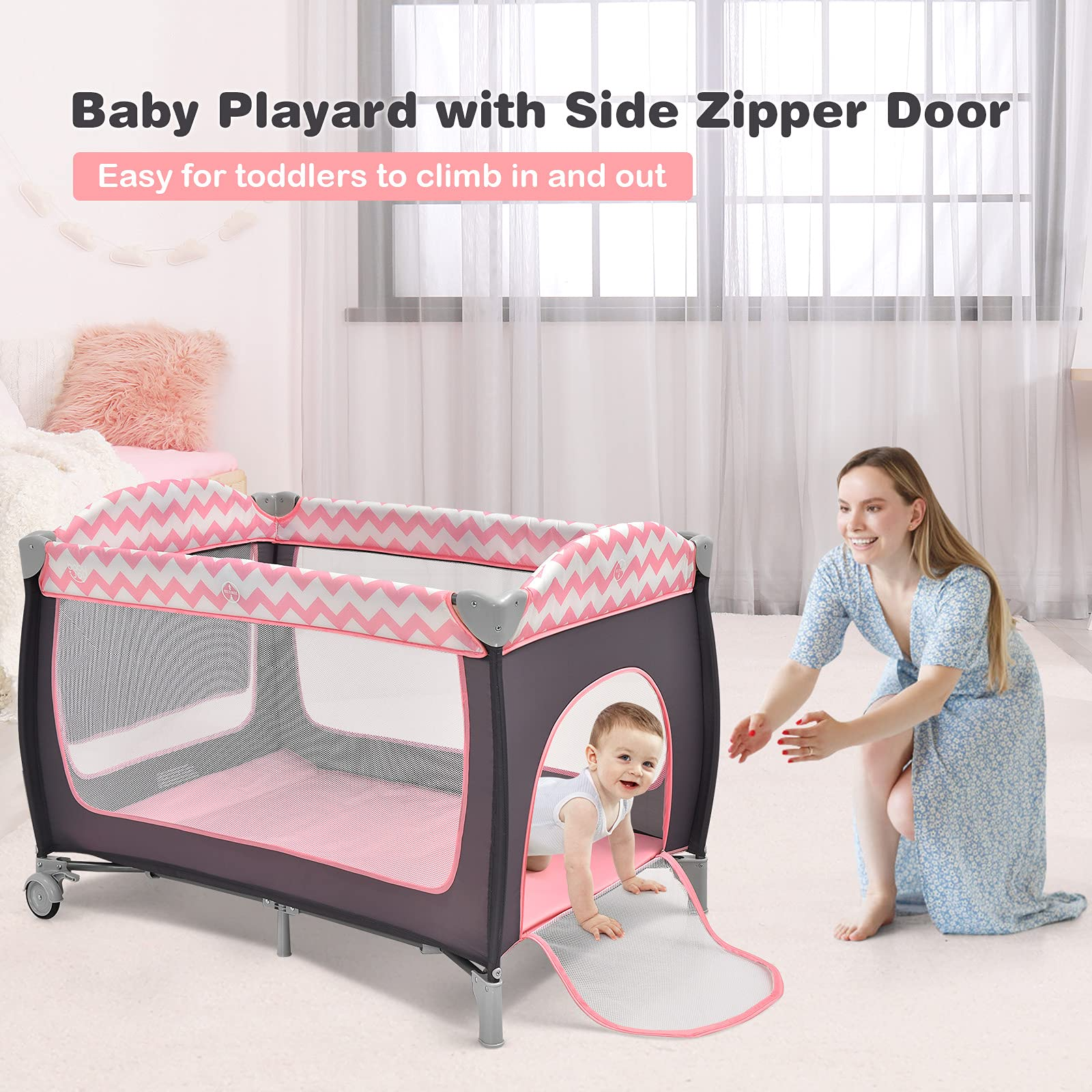 BABY JOY 4 in 1 Pack and Play, Portable Baby Playard with Bassinet Bed, Side Zipper Door