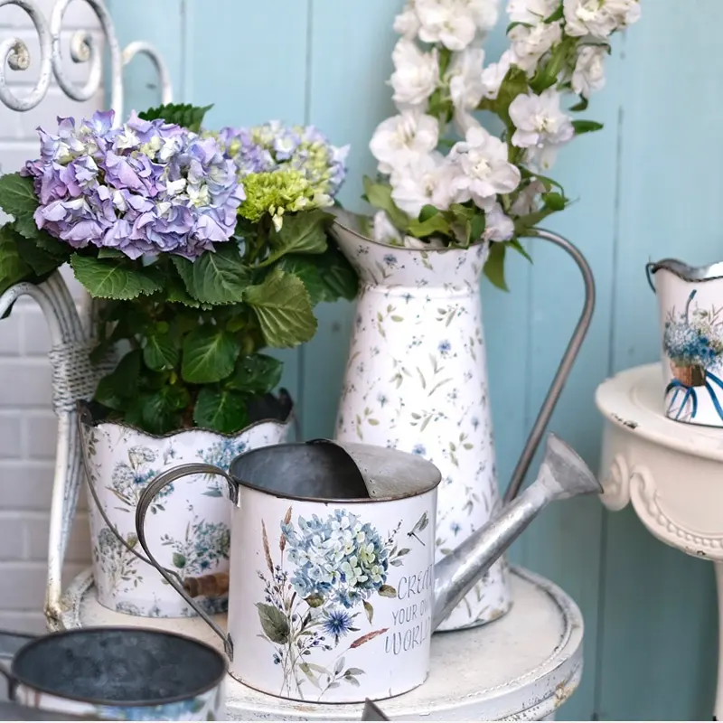 Handmade Shabby Chic hydrangea Print Metal Watering Can with a  Handle