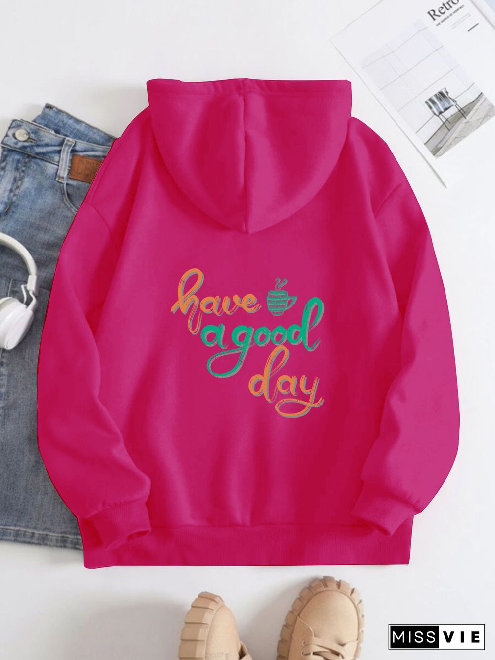 Printed on the Back Kangaroo Pocket Hoodie Long Sleeve for Women Pattern Have a Good Day