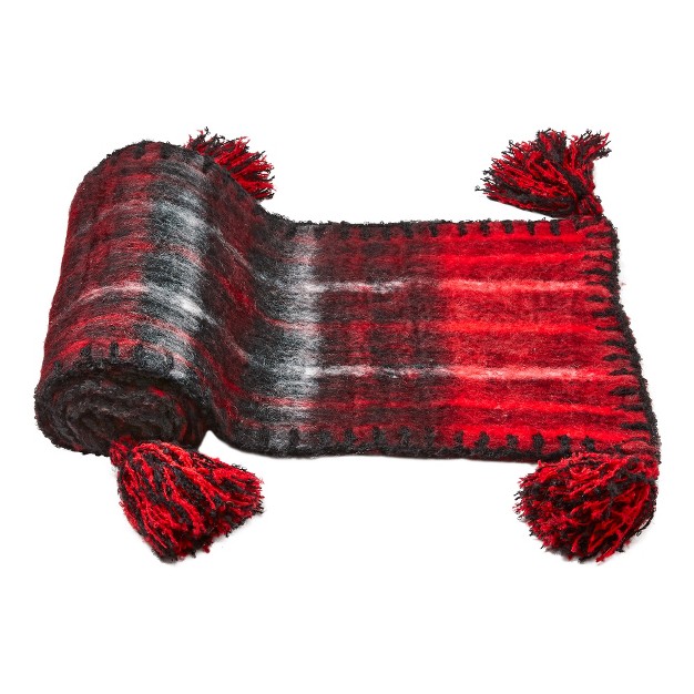 Tagltd Snowmass tasseled red And Black Plaid Mohair Cotton Machine Washable Table Runner 72 0 In