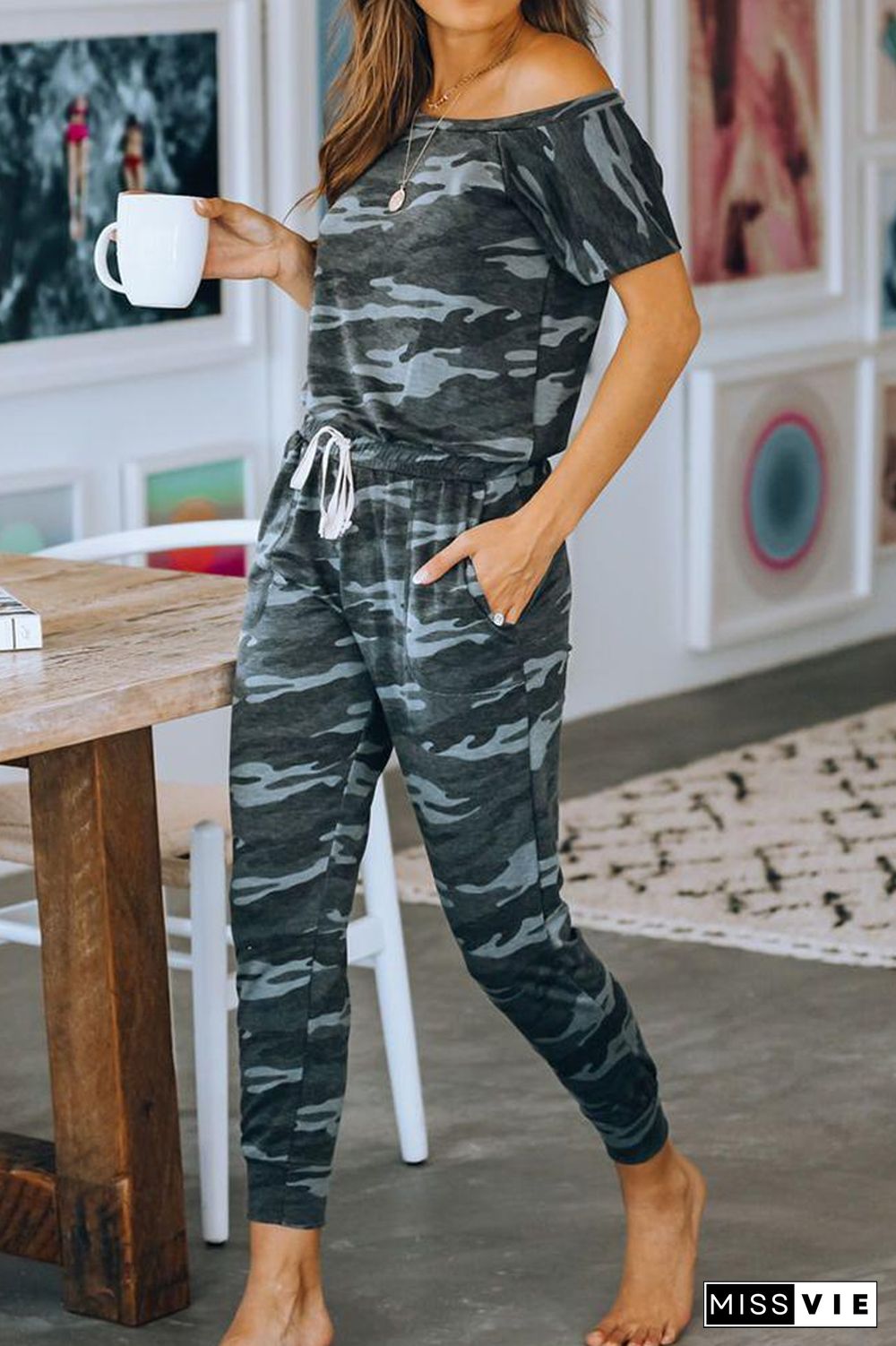 Camouflage Drawstring Off The Shoulder Jumpsuit