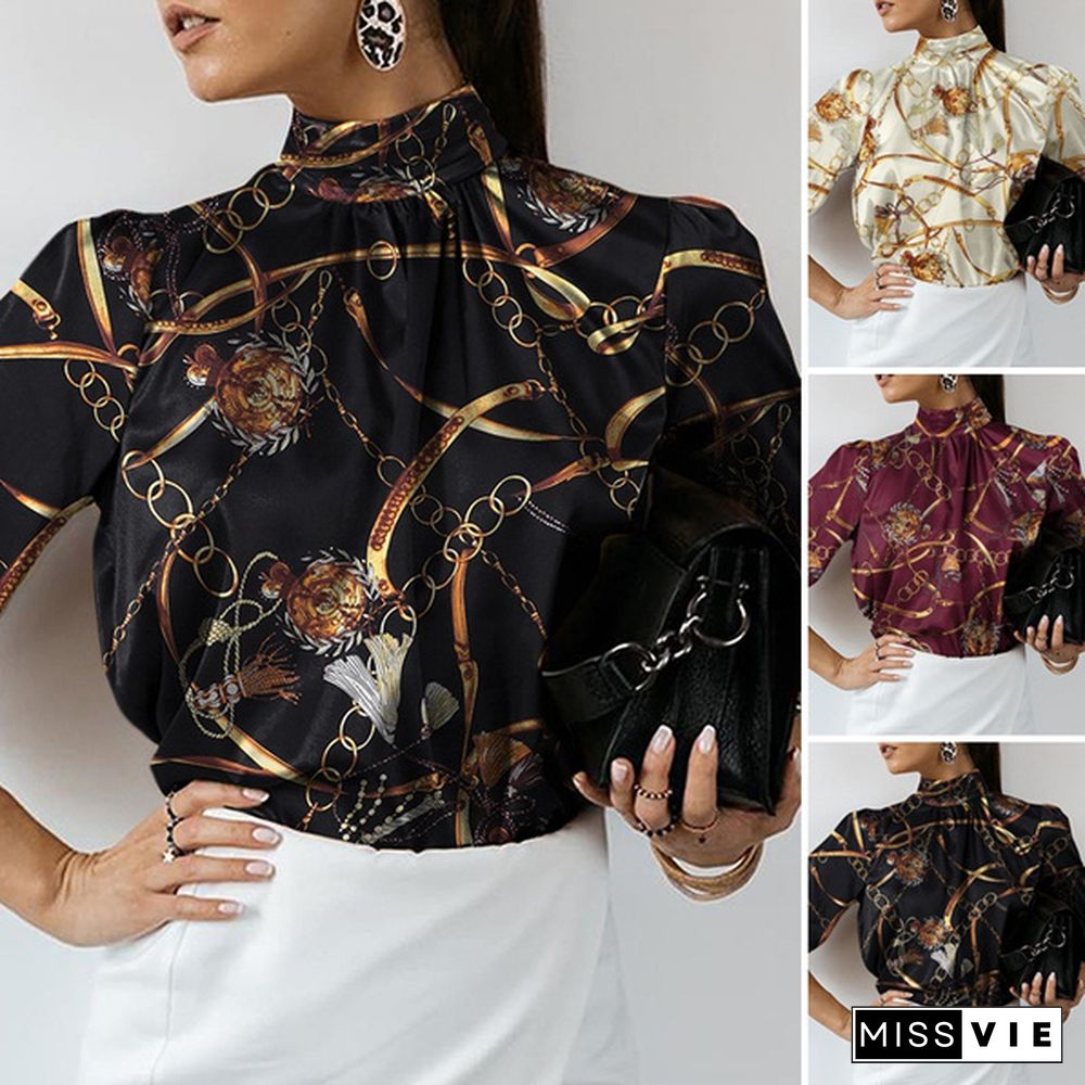 Women Long Sleeve High Collar Blouse Chain Printed Office Casual Elegant Shirt Ladies Tops Plus Size