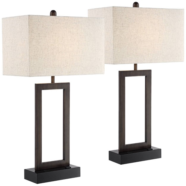 Tall Set Of 2 Bronze With Usb And Ac Power Outlet In Base Oatmeal Shade For Bedroom Living Room Bedside Desk