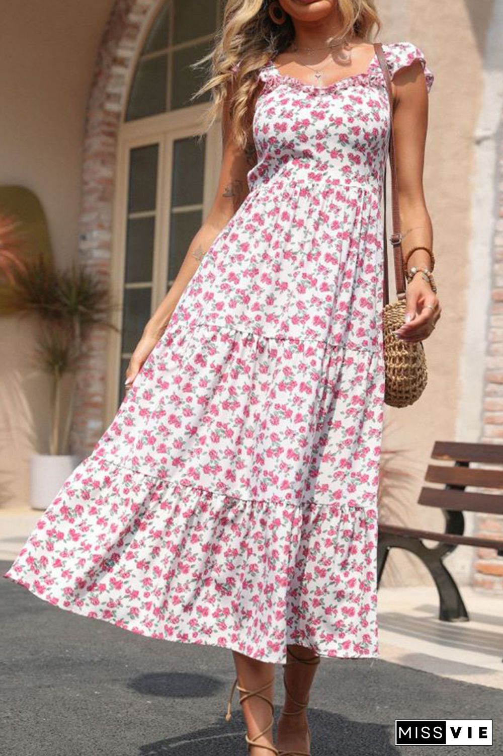 Floral Print Ruffle Sleeveless Backless Dress Wholesale