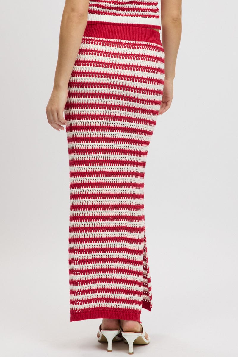 Red Stripe Crochet Knit Skirt Elastic Waist Midi Lined