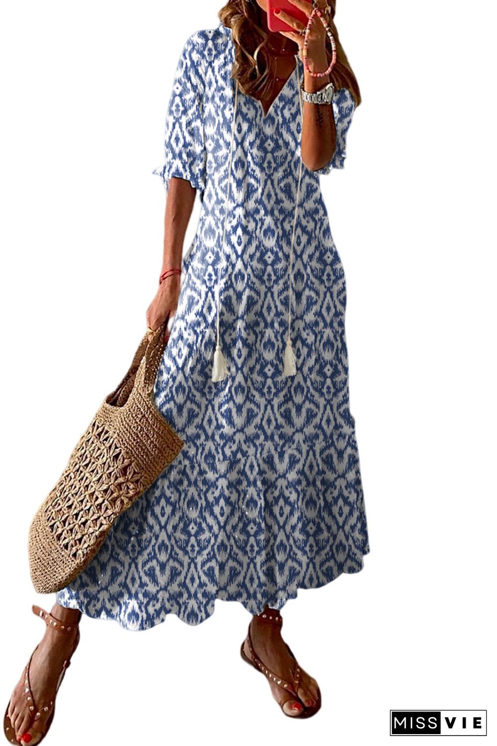 Sky Blue V Neck Casual Geometric Print Maxi Dress