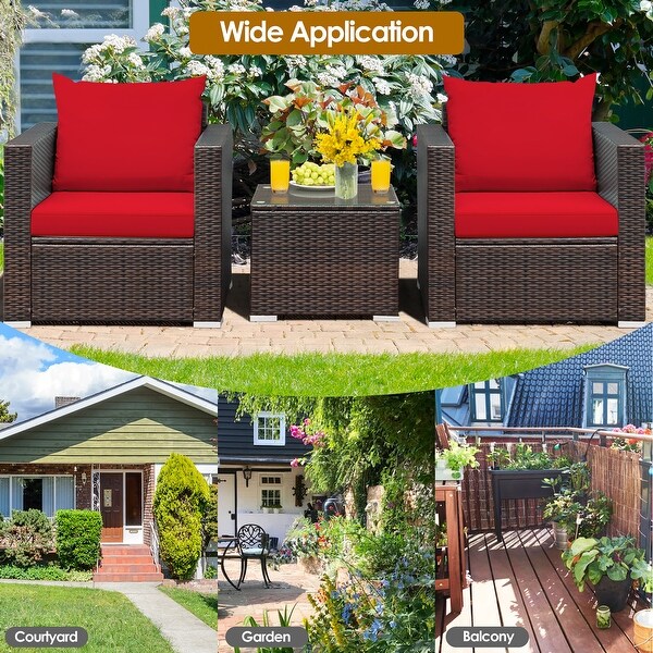 Costway 3PCS Patio Rattan Furniture Set Conversation Sofa Cushioned