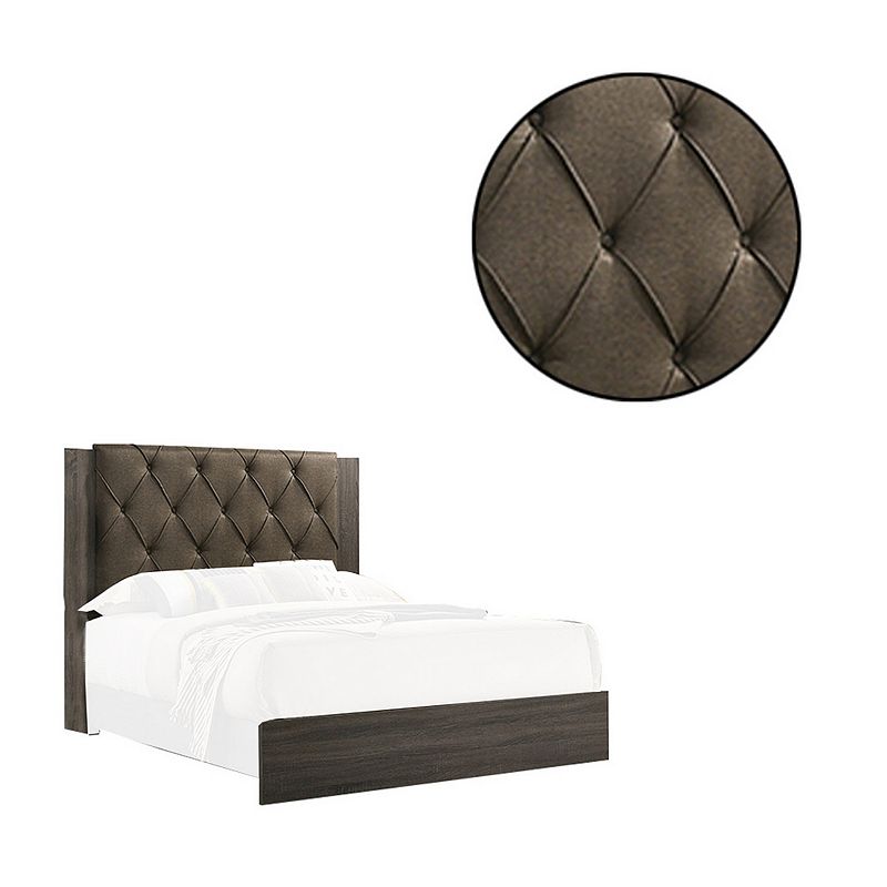 Wooden Queen Bed with Button Tufted Upholstered Headboard， Gray and Brown