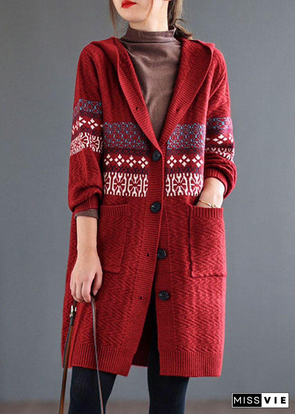 Red Pocket Print Knitted Coats Cardigans Hooded Long sleeve