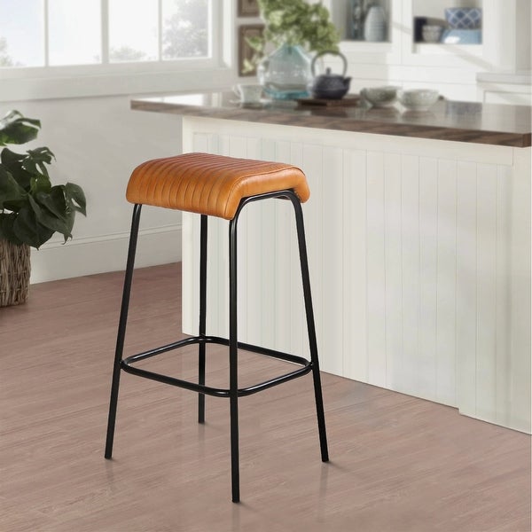 31 Inch Modern Bar Stool， Genuine Leather Seat， Iron Frame， Channel Stitched， Tan Brown， Black