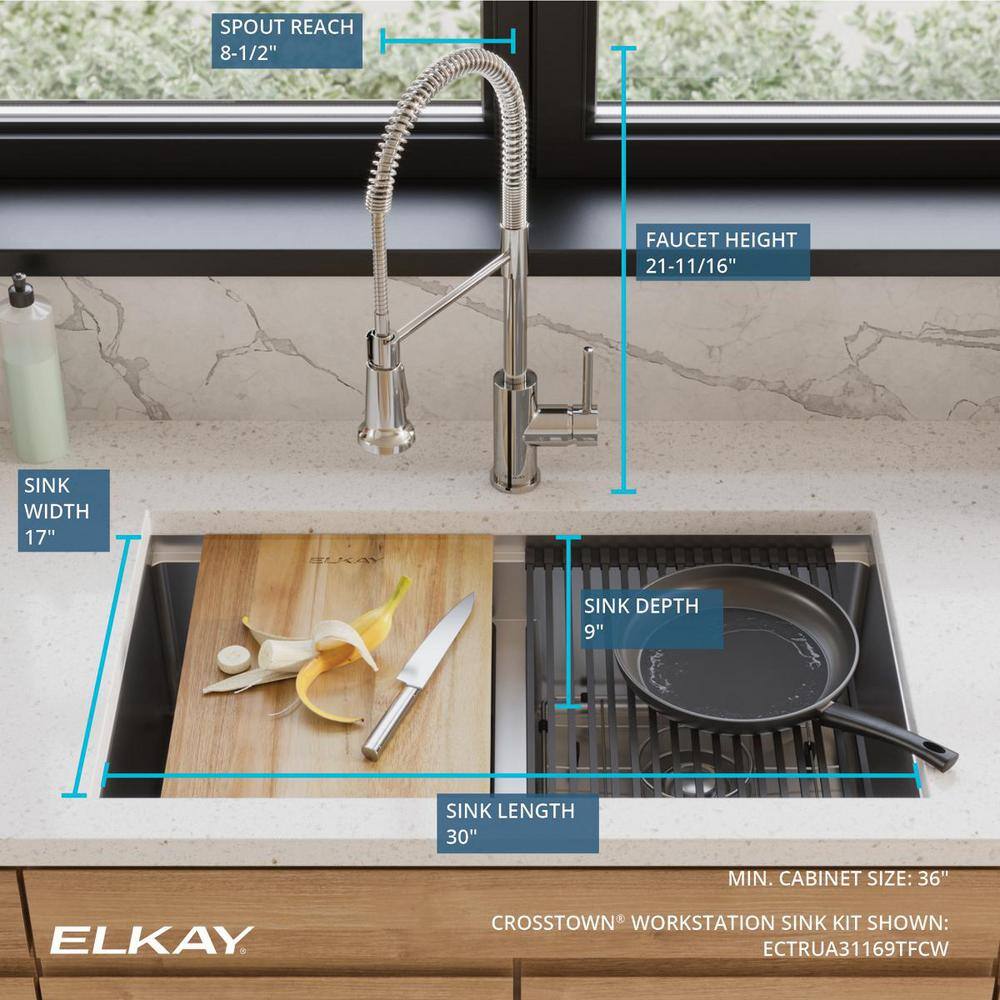 Elkay Crosstown 18-Gauge Stainless Steel 31.5 in Double Bowl Undermount Workstation Kitchen Sink with Aqua Divide and Faucet ECTRUA31169TFCW