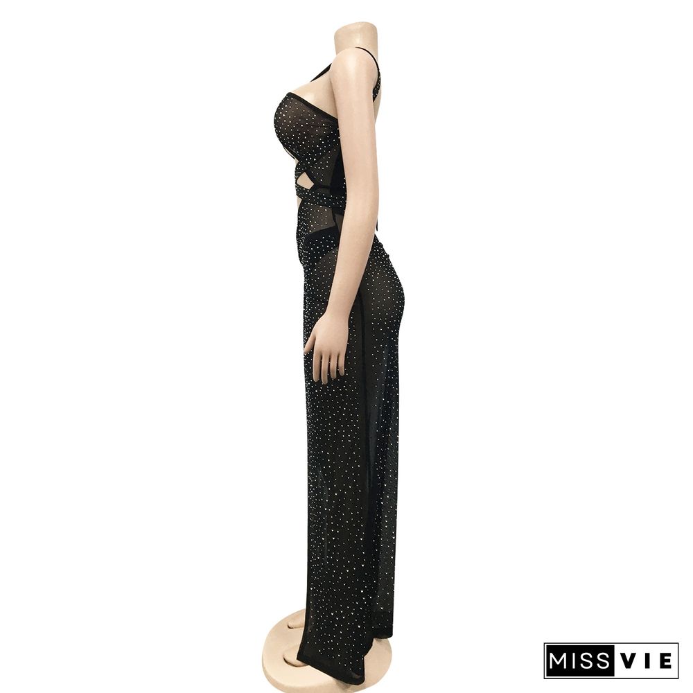 Sexy Mesh Hot Drill Sling Hollow Slit Dress